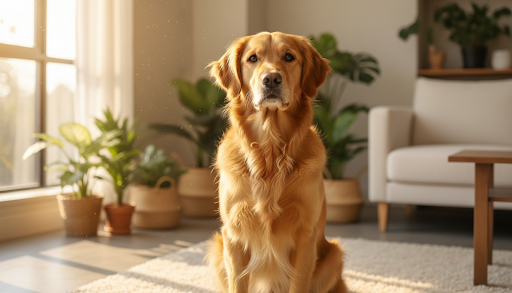 Golden retriever sitting calmly in sunlit living room, representing hope for dog owners researching turkey tail mushroom for dogs